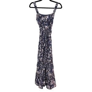 New Evereve Roan + Ryan XS Blue Madison Mixed Print Midi Dress Square Neck